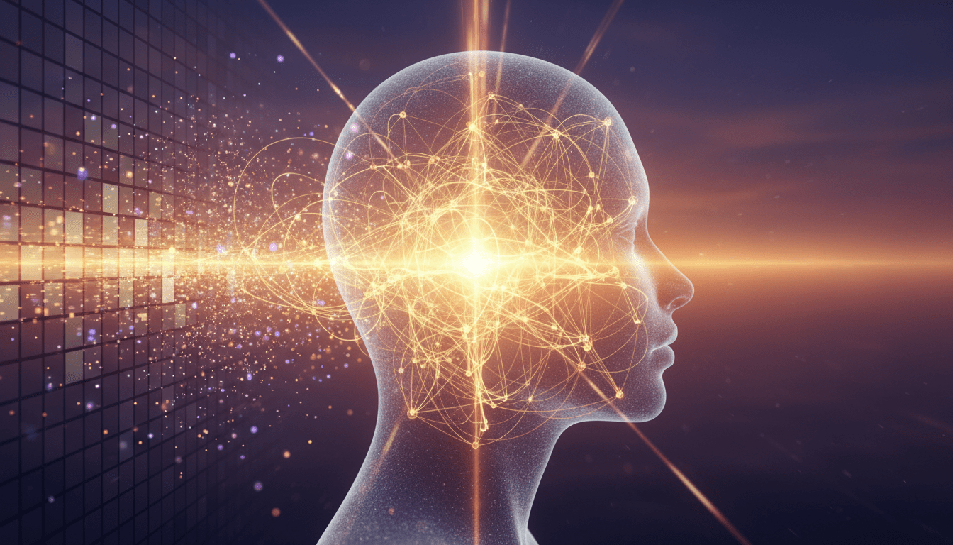 Representación visual de la conciencia y la Teoría de la Información Integrada mostrando una red neuronal dorada y píxeles digitales en un entorno cinematográfico.