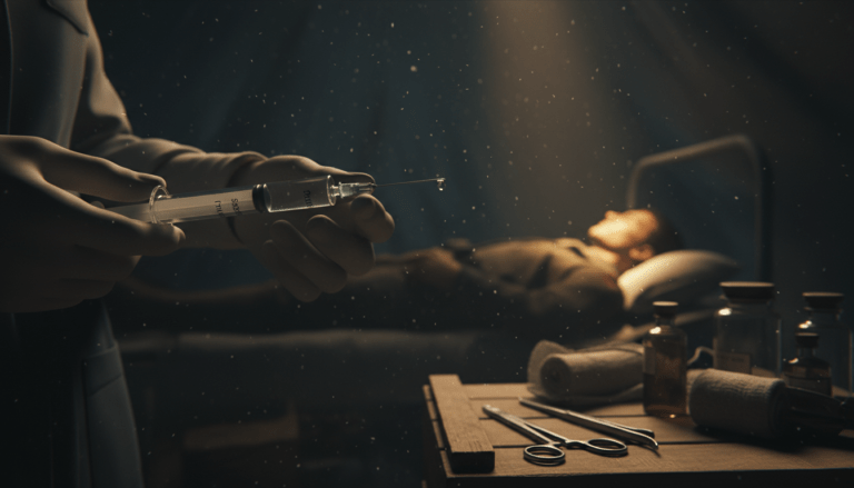 Recreación histórica de una enfermera militar administrando una inyección en un hospital de campaña durante la Segunda Guerra Mundial, simbolizando el descubrimiento del efecto placebo.