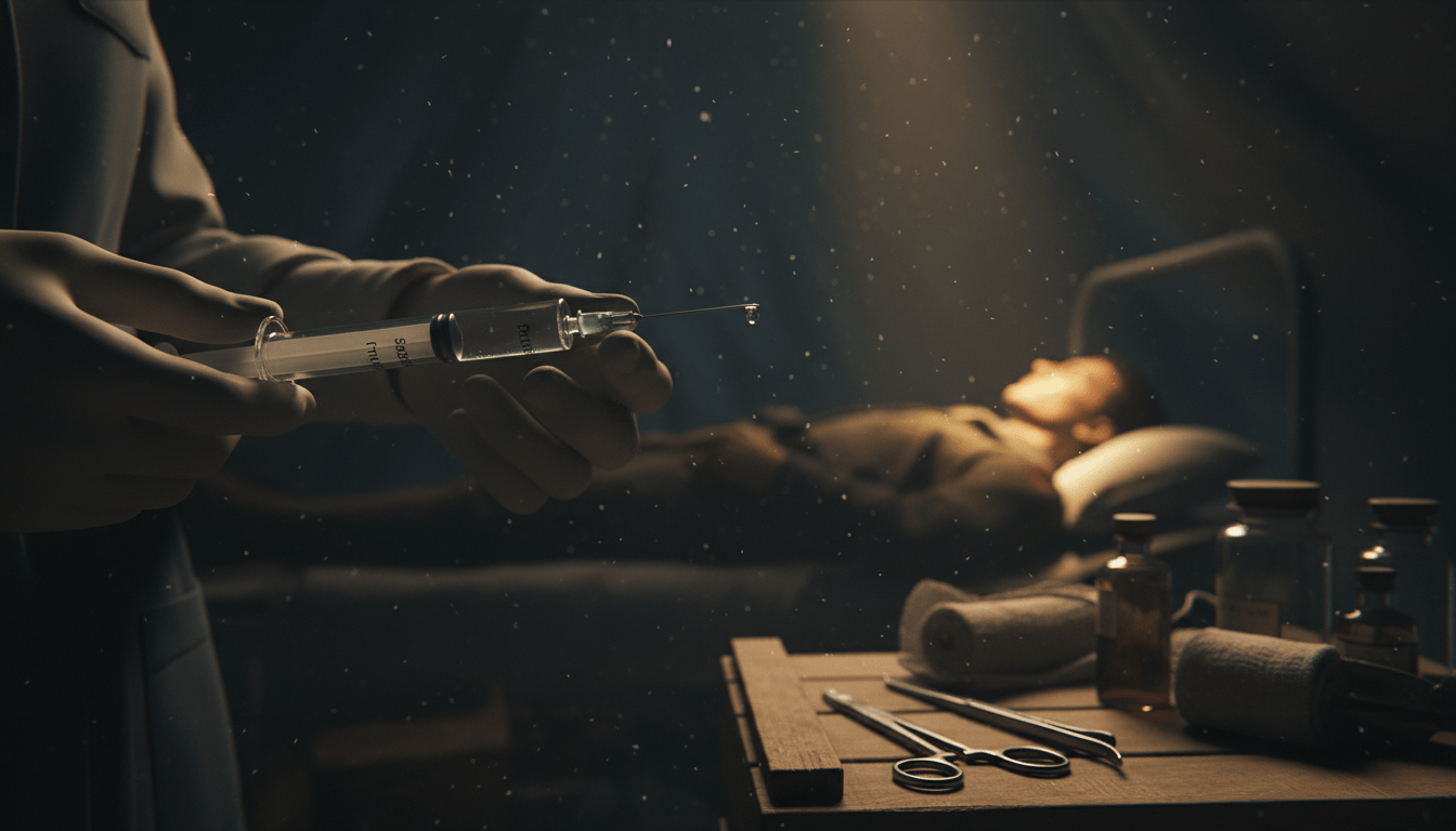 Recreación histórica de una enfermera militar administrando una inyección en un hospital de campaña durante la Segunda Guerra Mundial, simbolizando el descubrimiento del efecto placebo.