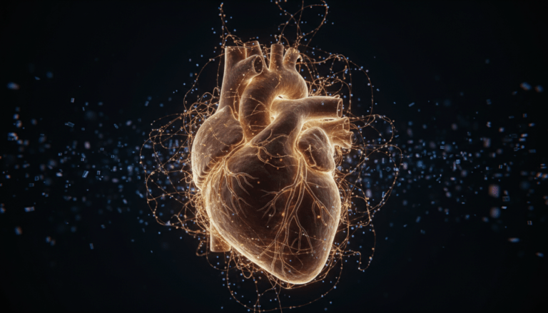 Ilustración conceptual de la memoria celular mostrando un corazón humano iluminado con redes neuronales y partículas de luz en un fondo oscuro.