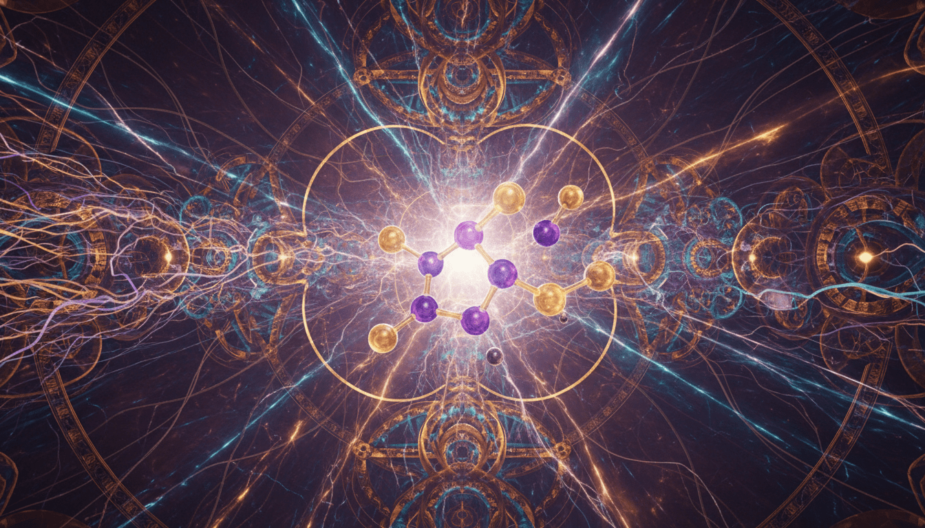 Ilustración conceptual de la molécula de DMT cruzando el umbral de la percepción humana hacia una dimensión de geometría sagrada y fractales.