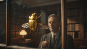 Escarabajo dorado posado en el cristal de una ventana representando el concepto de sincronicidad de Carl Jung.