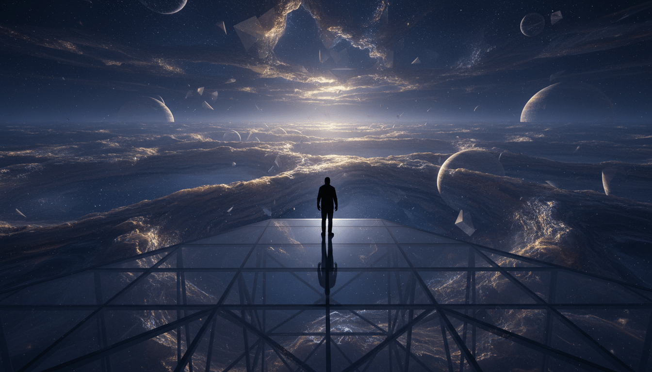 Representación conceptual del multiverso con galaxias paralelas y pliegues del tejido espaciotemporal en alta resolución.