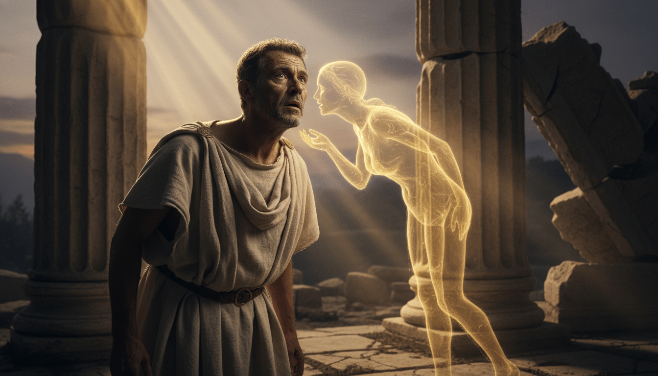 Ilustración conceptual de la teoría del cerebro bicameral de Julian Jaynes mostrando a un hombre antiguo escuchando voces divinas.