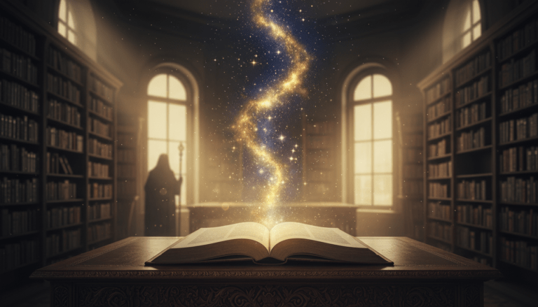 Ilustración artística del principio de mentalismo del Kybalión mostrando un universo cósmico emanando de un libro antiguo en una biblioteca clásica.