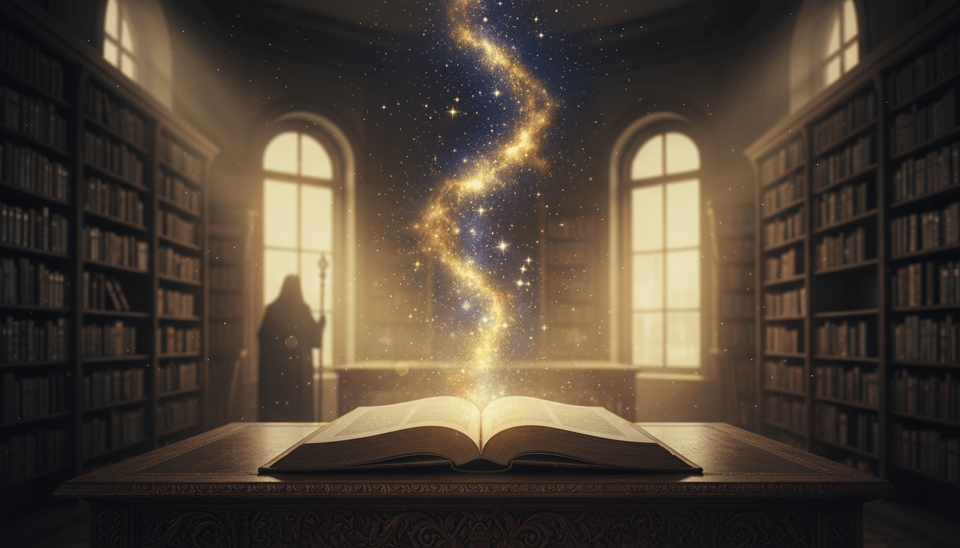 Ilustración artística del principio de mentalismo del Kybalión mostrando un universo cósmico emanando de un libro antiguo en una biblioteca clásica.