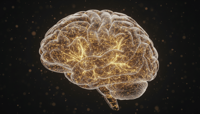 Representación fotorrealista del cerebro humano iluminado con redes neuronales doradas, simbolizando la relación entre el hardware biológico y la mente.
