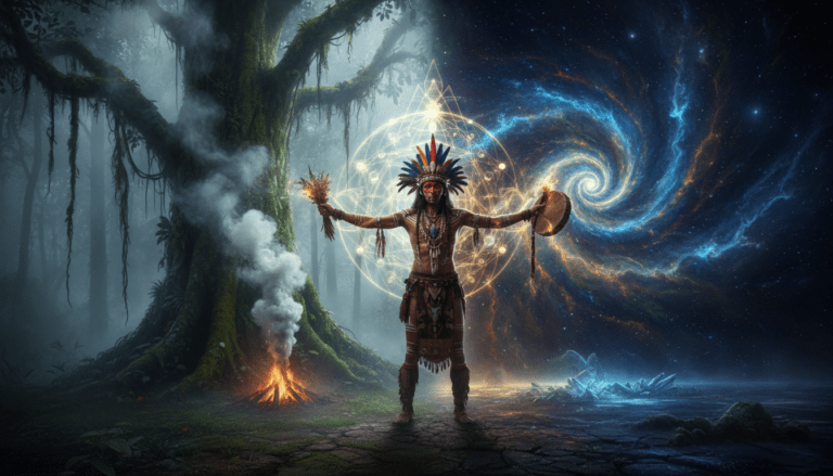Chamán en trance ritual conectando el mundo físico con el plano espiritual y astral en un paisaje místico.