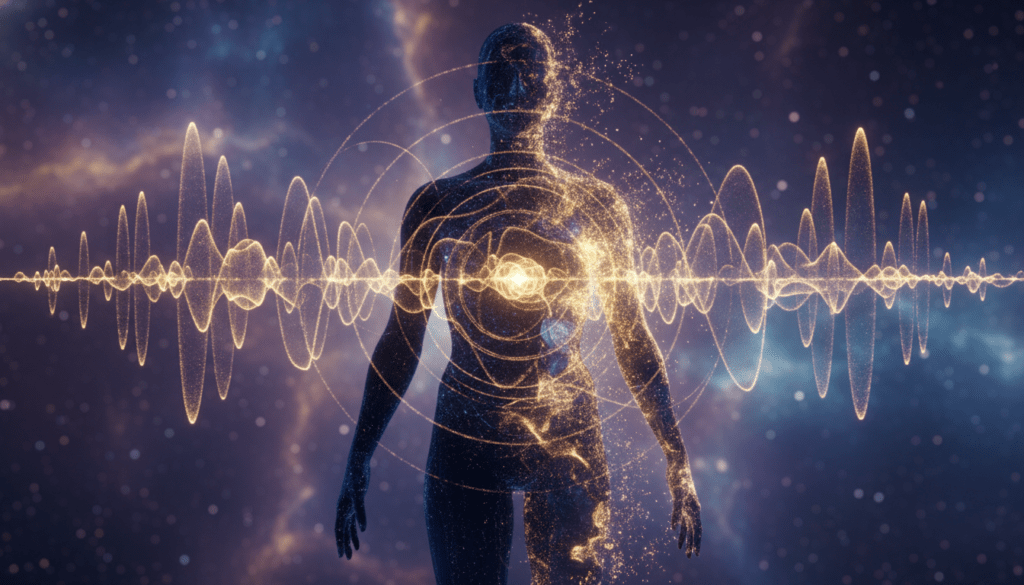 Representación visual de la medicina vibracional con una silueta humana rodeada de ondas de energía y partículas de luz en resonancia armónica.