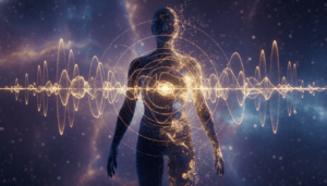 Representación visual de la medicina vibracional con una silueta humana rodeada de ondas de energía y partículas de luz en resonancia armónica.