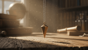 Péndulo de latón profesional sobre una mesa de madera antigua captando vibraciones sutiles de radiestesia.