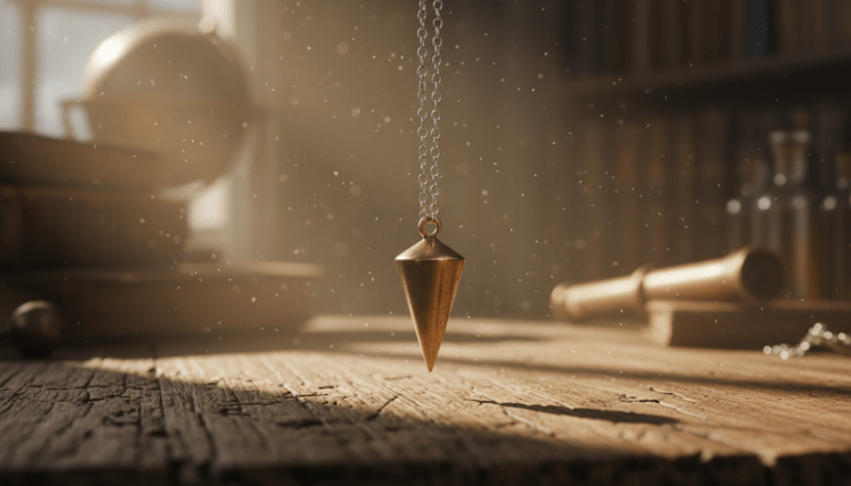 Péndulo de latón profesional sobre una mesa de madera antigua captando vibraciones sutiles de radiestesia.