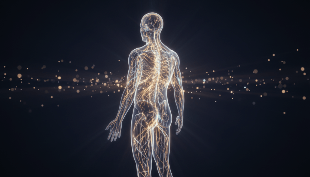 Representación artística y fotorealista del sistema de meridianos Jing-Luo y el flujo de energía vital Qi en el cuerpo humano.