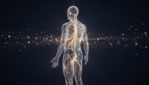 Representación artística y fotorealista del sistema de meridianos Jing-Luo y el flujo de energía vital Qi en el cuerpo humano.