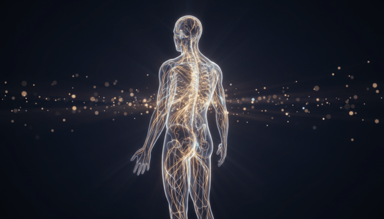 Representación artística y fotorealista del sistema de meridianos Jing-Luo y el flujo de energía vital Qi en el cuerpo humano.