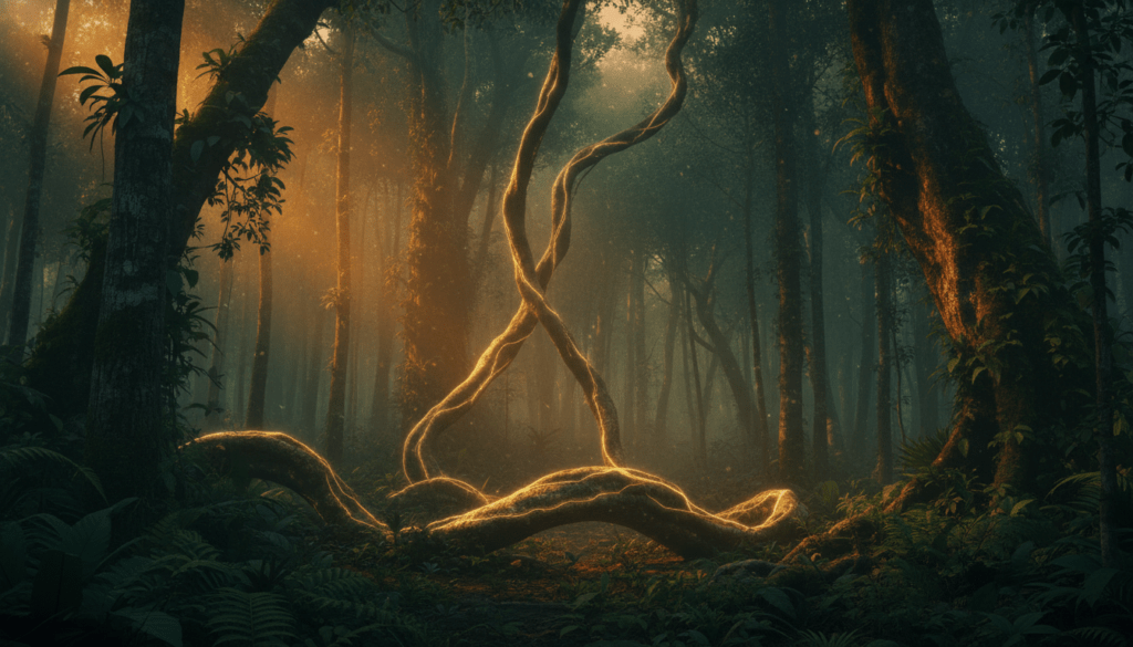 Liana de ayahuasca luminosa en la selva amazónica representando la conexión espiritual y el conocimiento ancestral de las plantas sagradas.