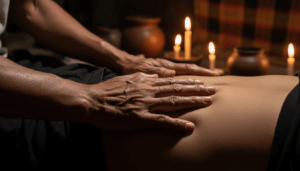 Manos de un sanador filipino realizando una cirugía psíquica mística sin instrumentos quirúrgicos en un ambiente de penumbra.