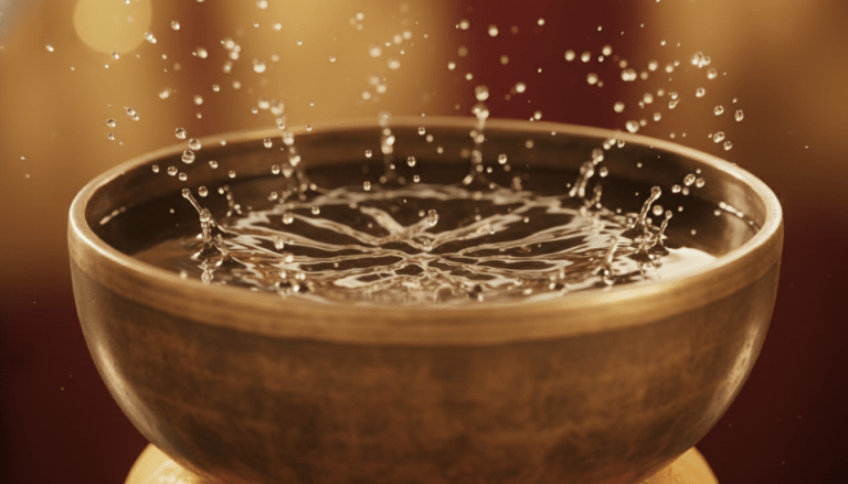 Cuenco tibetano de siete metales con agua vibrando en patrones geométricos de cimática representando la resonancia celular.