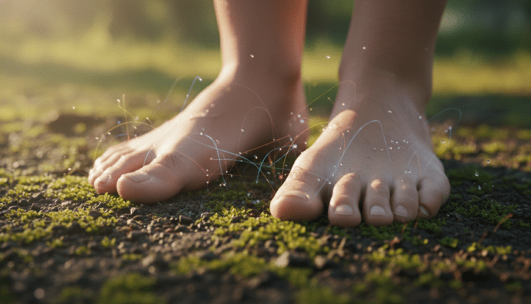 Primer plano de pies descalzos sobre tierra y musgo, ilustrando el proceso de grounding y la transferencia de electrones de la tierra al cuerpo humano.