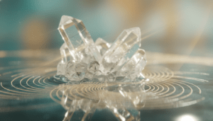 Cristal de cuarzo en agua pura mostrando patrones de resonancia vibracional para elixires de gemas y medicina sutil.