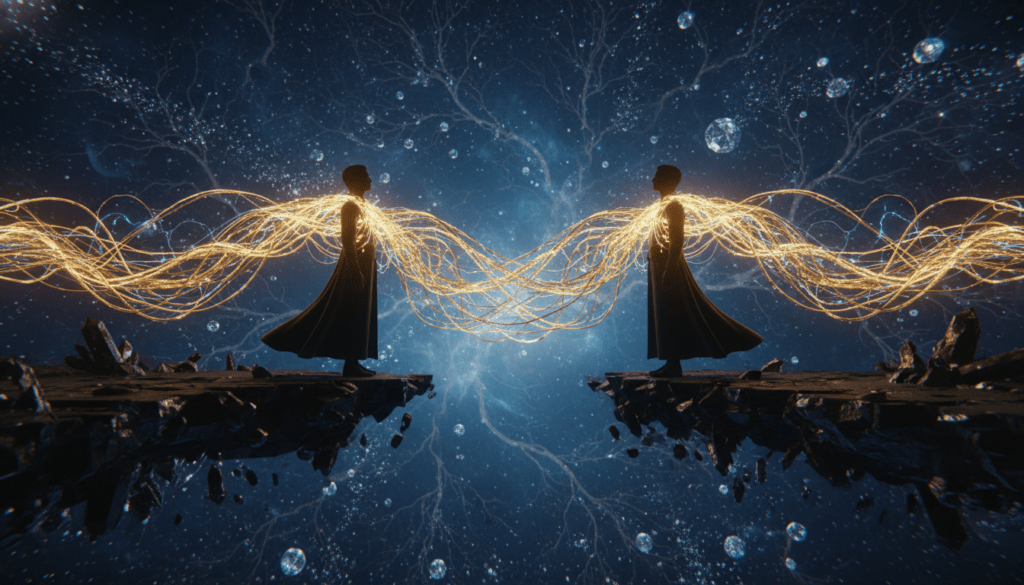 Representación artística de la no localidad cuántica y la interconexión de la conciencia humana mediante hilos de energía en el espacio.