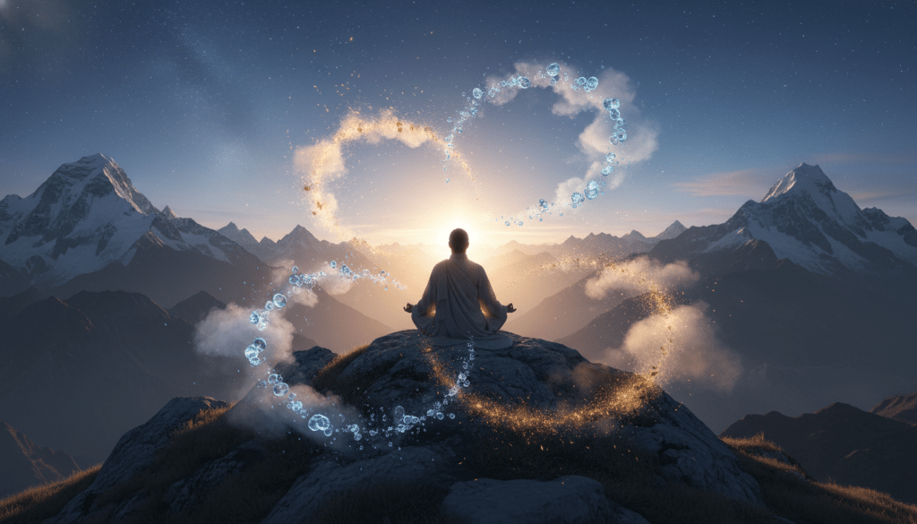 Representación visual de los tres doshas del Ayurveda integrados con la naturaleza de los Himalayas y los elementos fundamentales.