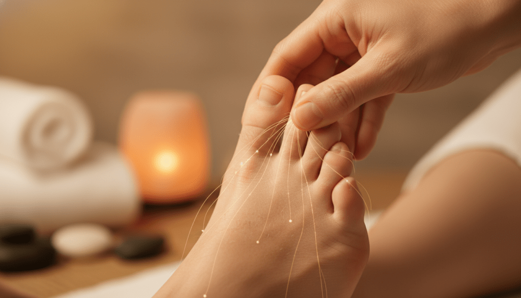 Primer plano de manos profesionales realizando reflexología podal en un pie, resaltando la conexión entre puntos de presión y el sistema nervioso.