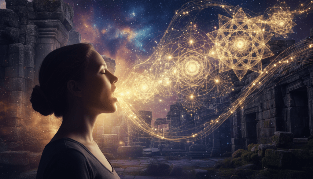 Ilustración cinematográfica de la vibración de un mantra transformándose en patrones de geometría sagrada y energía cósmica durante la meditación profunda.