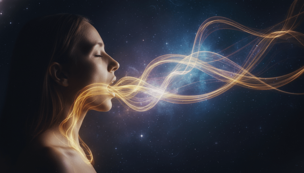 Representación visual de la respiración holotrópica con luces etéreas simbolizando la expansión de la conciencia y la psicología transpersonal.