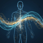 Representación visual del biomagnetismo médico y campos electromagnéticos en el cuerpo humano para equilibrio del pH.