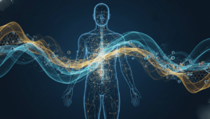Representación visual del biomagnetismo médico y campos electromagnéticos en el cuerpo humano para equilibrio del pH.