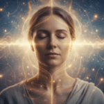Representación visual de la oración como campo de resonancia y energía bioenergética rodeando a una persona en meditación profunda.