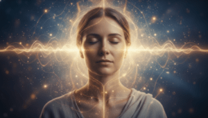 Representación visual de la oración como campo de resonancia y energía bioenergética rodeando a una persona en meditación profunda.