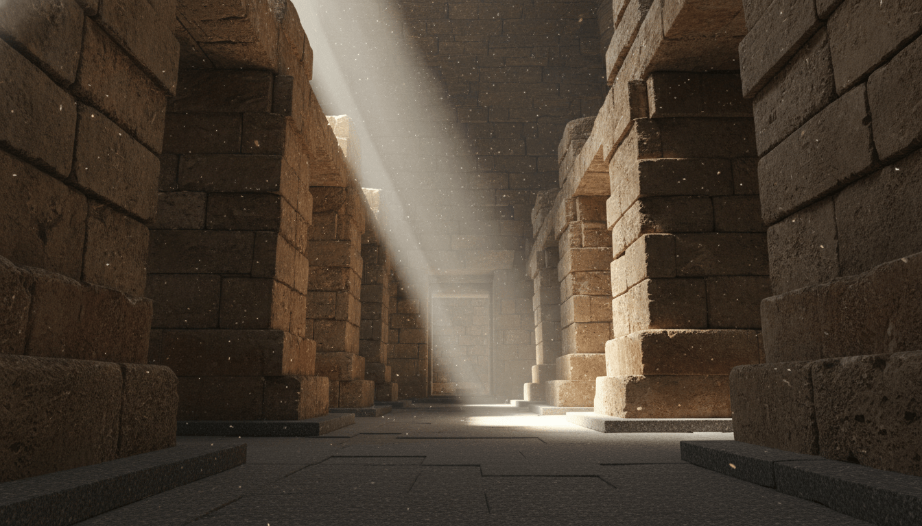 Interior de la Gran Galería en la Pirámide de Giza con iluminación mística y detalles de arquitectura antigua en piedra.