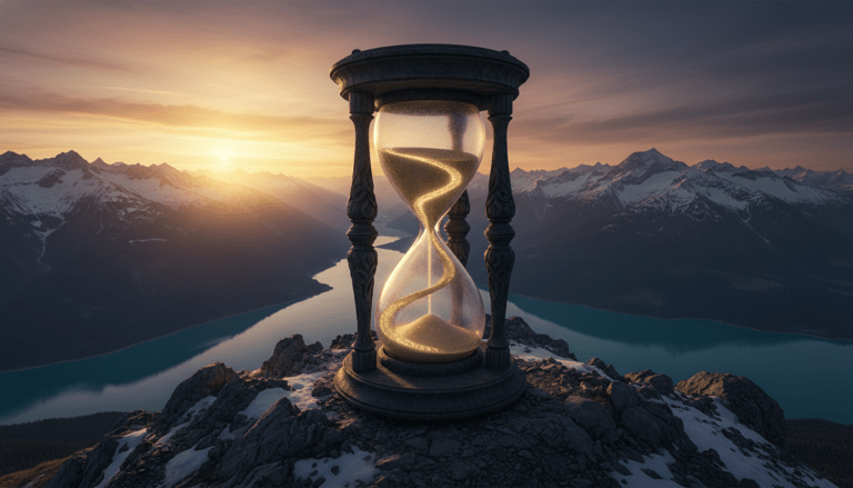 Representación artística del eterno retorno de Nietzsche con un reloj de arena infinito en los Alpes suizos de Sils Maria.