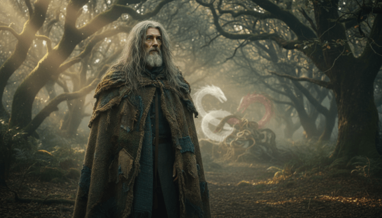 Retrato cinematográfico de Myrddin Wyllt, el Merlín histórico, como un profeta salvaje en la espesura del bosque de Caledonia, estilo fotorrealista.