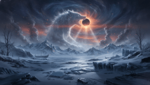 Representación cinematográfica del Ragnarök con el lobo Fenrir y un paisaje nórdico apocalíptico durante el gran invierno Fimbulvetr.