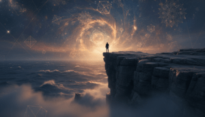 Silueta de una persona frente a un horizonte cósmico con mapas de probabilidades y símbolos de profecías.