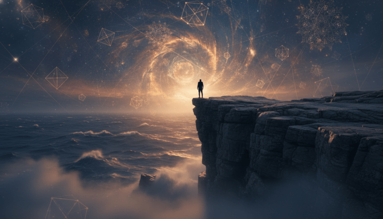 Silueta de una persona frente a un horizonte cósmico con mapas de probabilidades y símbolos de profecías.