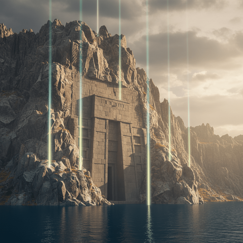 Ilustración mística de la Abadía de los Siete Rayos en los Andes, inspirada en El secreto de los Andes de George Hunt Williamson.