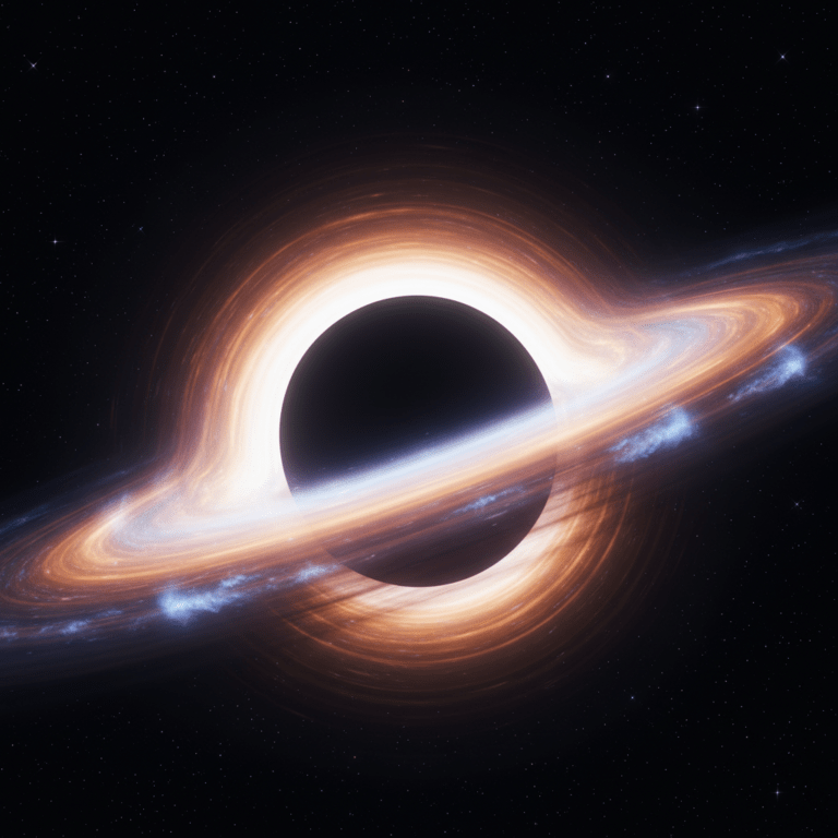 Representación cinematográfica de un agujero negro supermasivo con disco de acreción dorado y lente gravitacional basada en la ciencia de Interstellar.