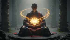 Representación artística de la alquimia interna taoísta y la meditación del secreto de la flor de oro con luz dorada.