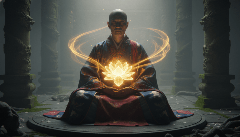 Representación artística de la alquimia interna taoísta y la meditación del secreto de la flor de oro con luz dorada.