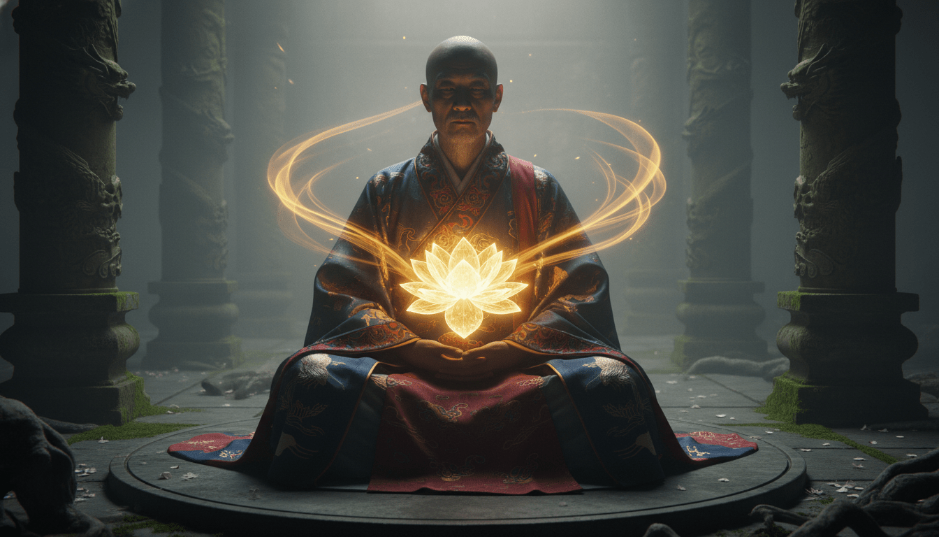 Representación artística de la alquimia interna taoísta y la meditación del secreto de la flor de oro con luz dorada.