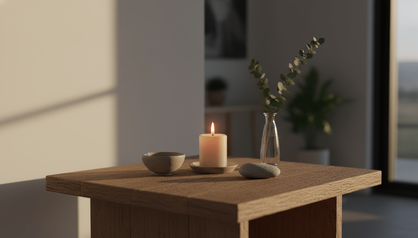 Altar personal minimalista con vela y elementos naturales en un rincón de meditación para el refugio espiritual