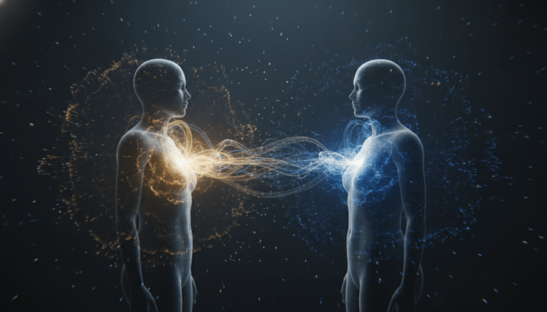 Representación visual de lazos energéticos y cordones bioenergéticos conectando los chakras del plexo solar entre dos personas en un plano sutil.