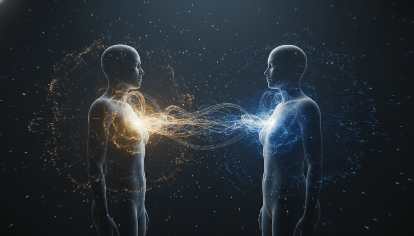 Representación visual de lazos energéticos y cordones bioenergéticos conectando los chakras del plexo solar entre dos personas en un plano sutil.