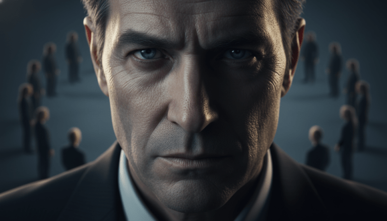 Primer plano dramático de un hombre con mirada intensa simbolizando el narcisismo maligno y el liderazgo depredador en sectas destructivas.