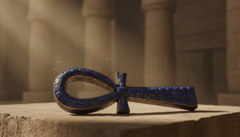 Primer plano fotorrealista de un Ankh o cruz ansada egipcia en un templo antiguo con iluminación cinematográfica dorada.