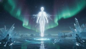 Ilustración mística de la primera raza raíz de la teosofía de Blavatsky, mostrando un ser etéreo de luz en un paisaje polar primordial.